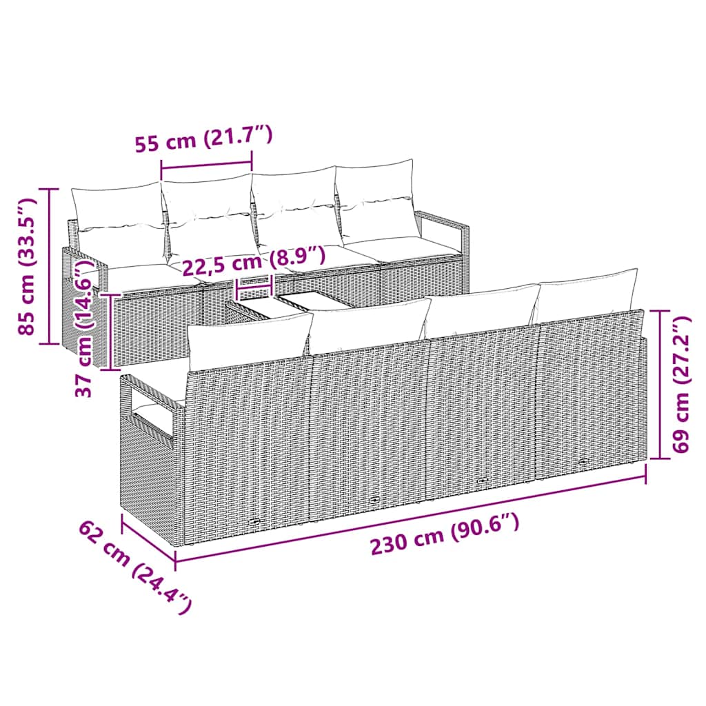 Sofa Set mit Kissen 9 pcs Schwarz und Creme Poly-Rattan