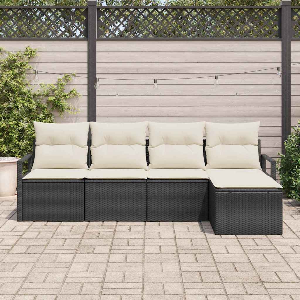 Sofa Set mit Kissen 5 pcs Schwarz und Creme Poly-Rattan