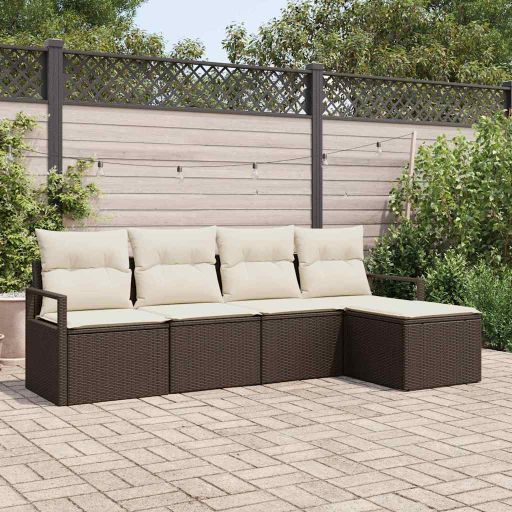 Sofa Set mit Kissen 5 pcs Schwarz und Creme Poly-Rattan