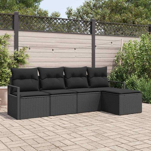 Sofa Set mit Kissen 5 pcs Schwarz und Creme Poly-Rattan