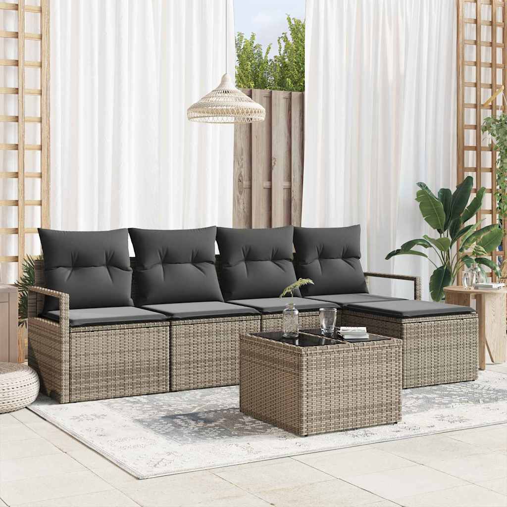 Sofa Set mit Kissen 5 pcs Schwarz und Creme Poly-Rattan
