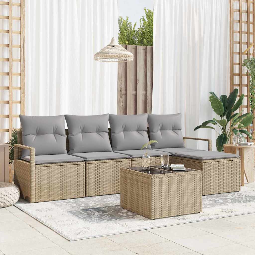 Sofa Set mit Kissen 5 pcs Schwarz und Creme Poly-Rattan
