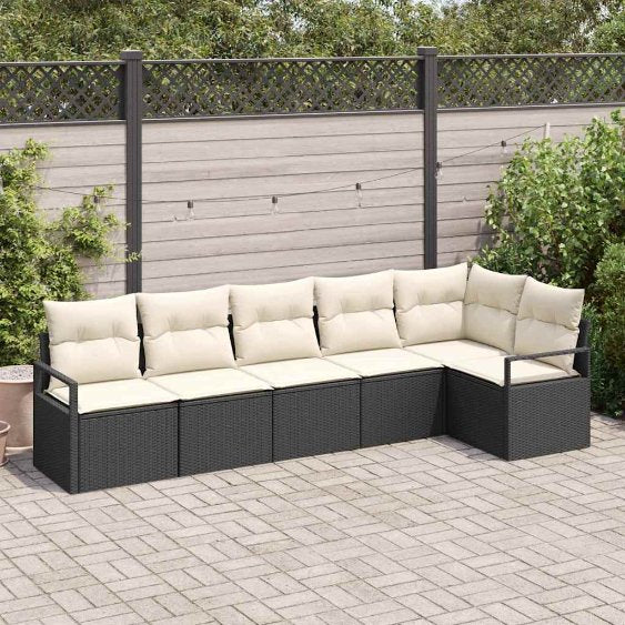 Sofa Set mit Kissen 6 pcs Schwarz und Creme Poly-Rattan