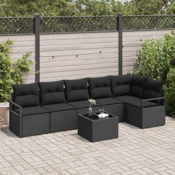 Sofa Set mit Kissen 6 pcs Schwarz und Creme Poly-Rattan