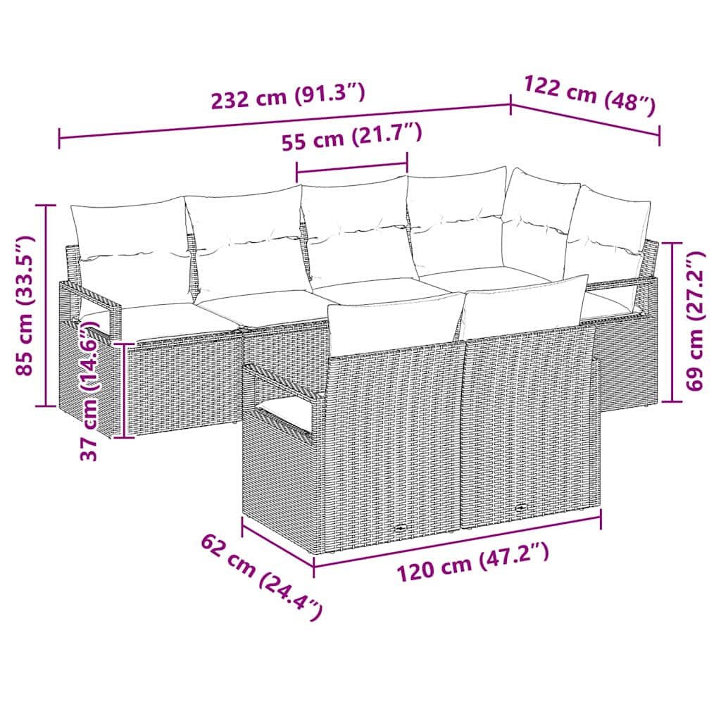 Gartensofa-set mit Kissen 7 pcs Schwarz und Weiß Poly-Rattan