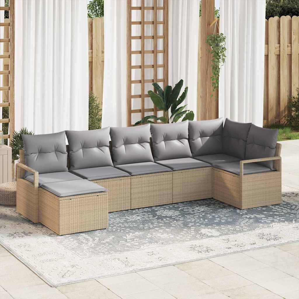 Sofa Set mit Kissen 7 pcs Schwarz und Creme Poly-Rattan