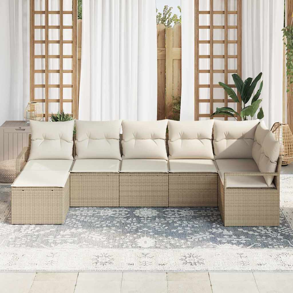 Sofa Set mit Kissen 7 pcs Schwarz und Creme Poly-Rattan