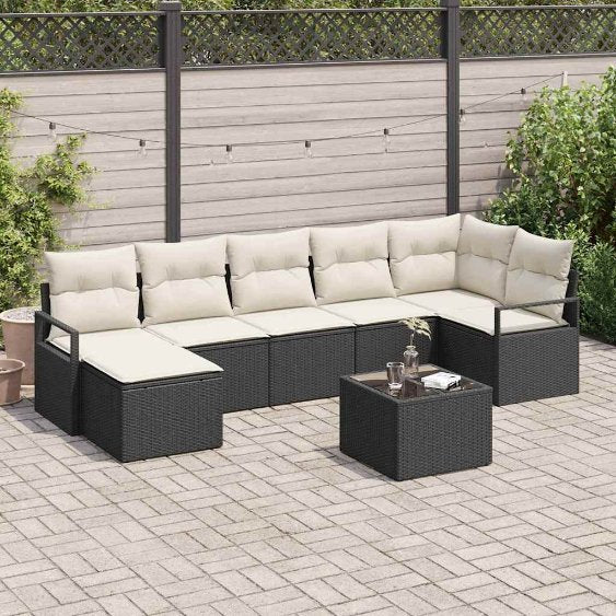 Sofa Set mit Kissen 7 pcs Schwarz und Creme Poly-Rattan