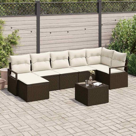 Sofa Set mit Kissen 7 pcs Schwarz und Creme Poly-Rattan