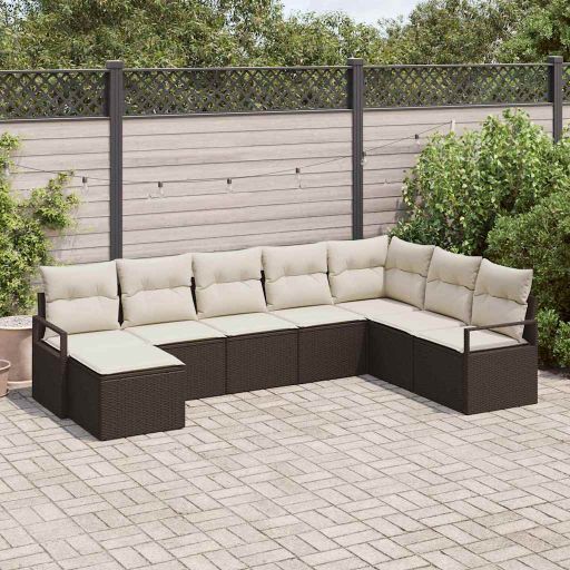 Sofa Set mit Kissen 8 pcs Schwarz und Creme Poly-Rattan