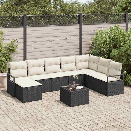 Sofa Set mit Kissen 8 pcs Schwarz und Creme Poly-Rattan