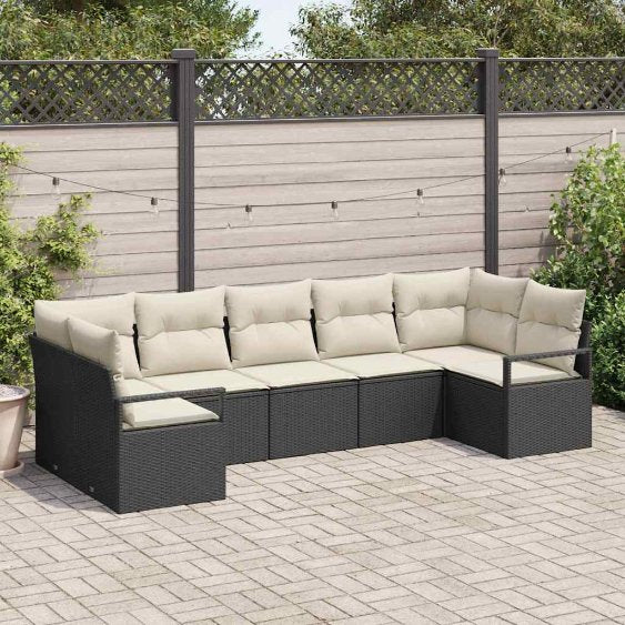Gartensofa-set mit Kissen 7 pcs Schwarz und Weiß Poly-Rattan