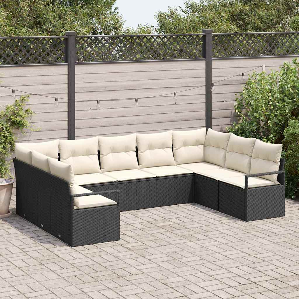 Gartensofa-set mit Kissen 9 pcs Schwarz und Weiß Poly-Rattan