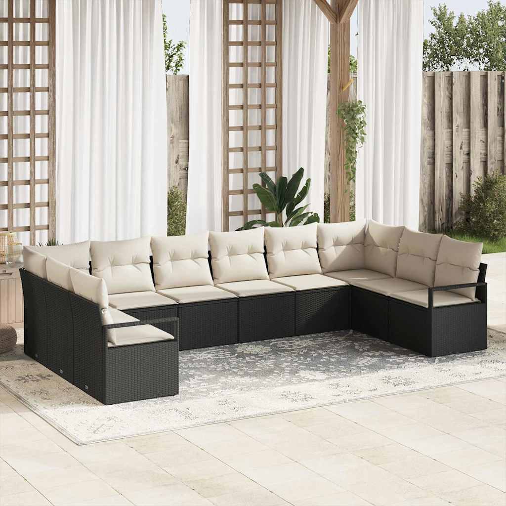 Gartensofa-set mit Kissen 10 pcs Schwarz und Weiß Poly-Rattan