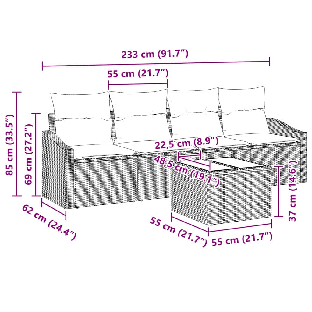 Sofa Set mit Kissen 5 pcs Schwarz und Creme Poly-Rattan