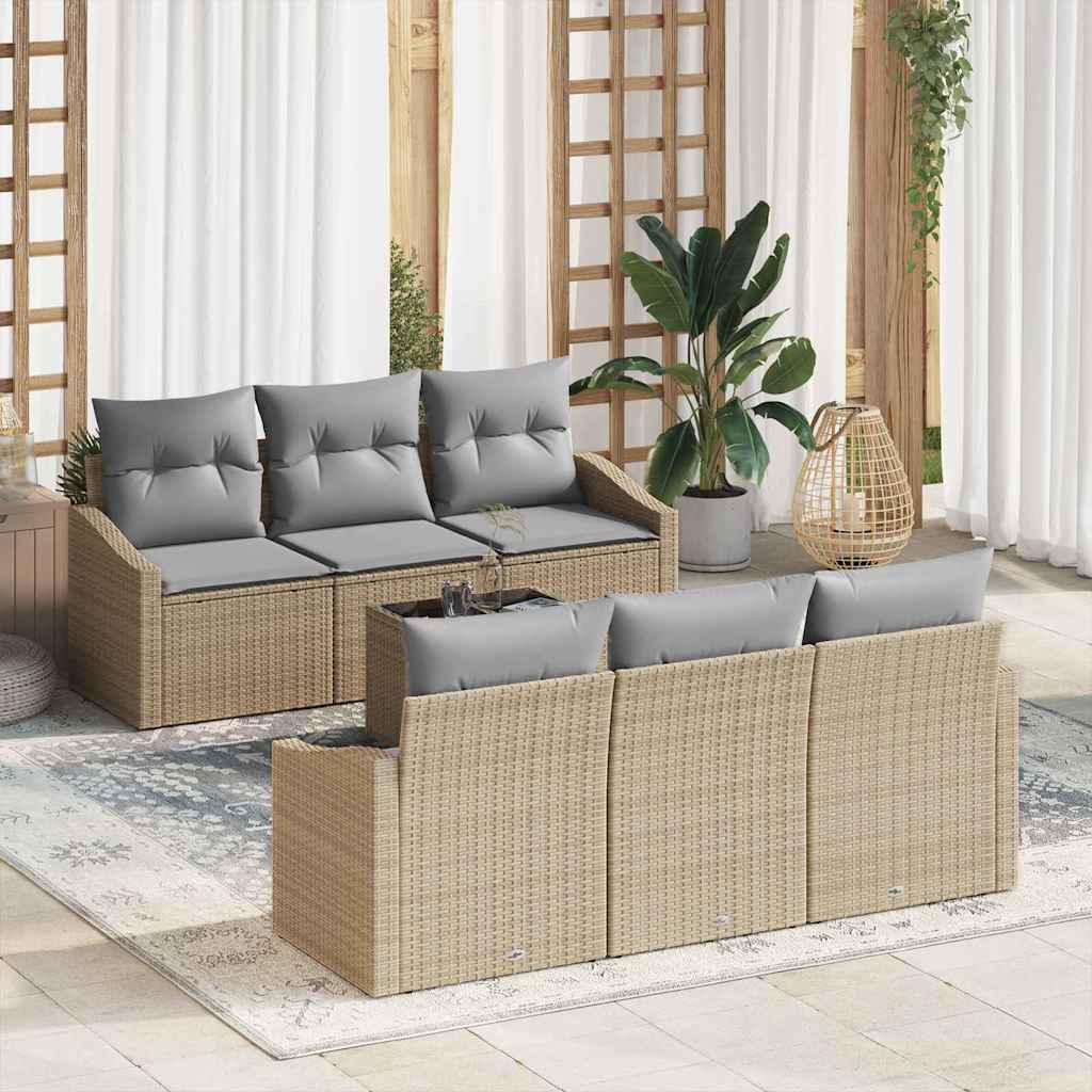 Sofa Set mit Kissen 7 pcs Schwarz und Creme Poly-Rattan