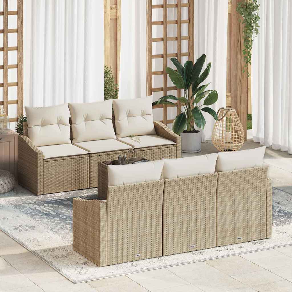 Sofa Set mit Kissen 7 pcs Schwarz und Creme Poly-Rattan
