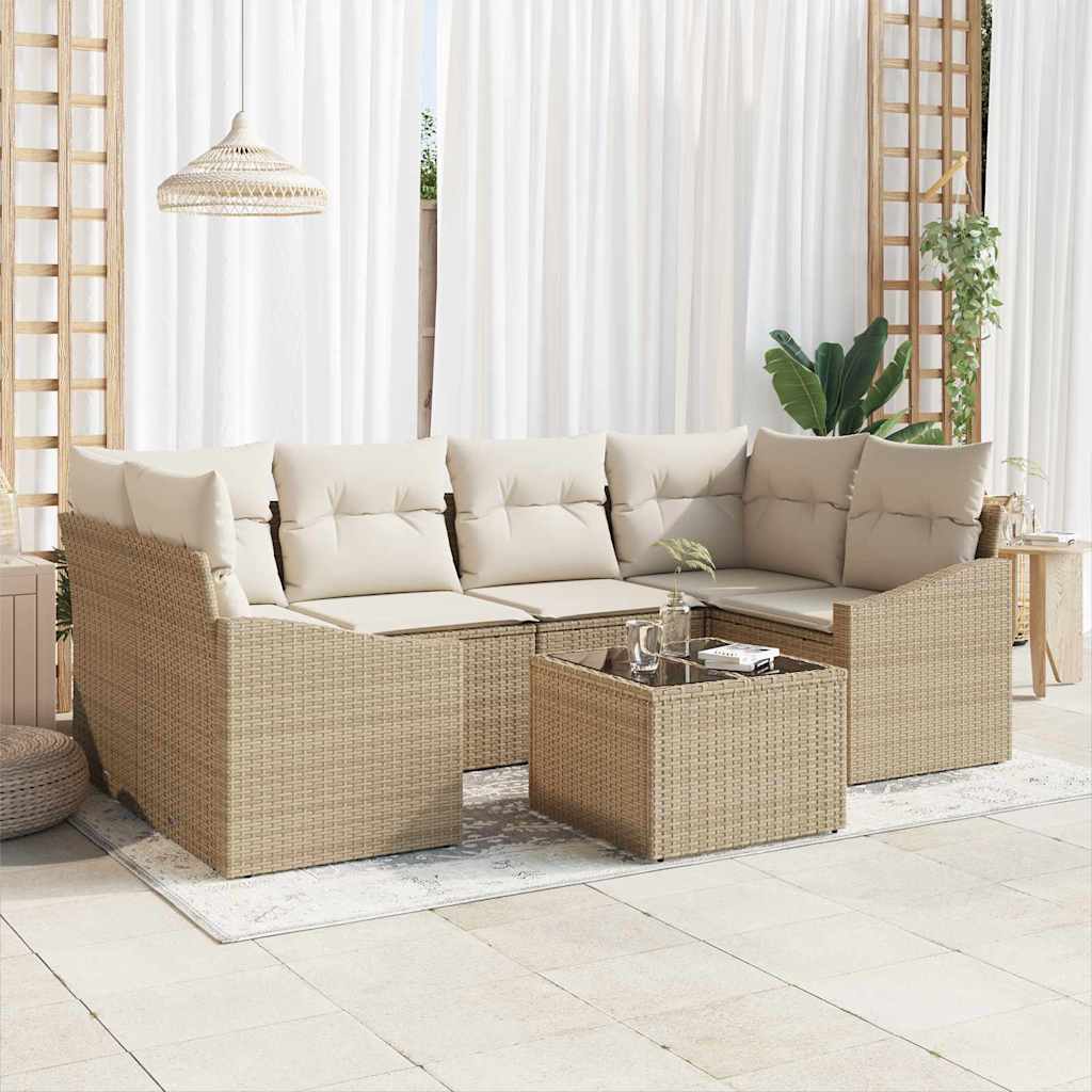 Sofa Set mit Kissen 7 pcs Schwarz und Creme Poly-Rattan