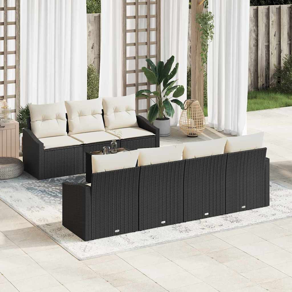 Sofa Set mit Kissen 8 pcs Schwarz und Creme Poly-Rattan