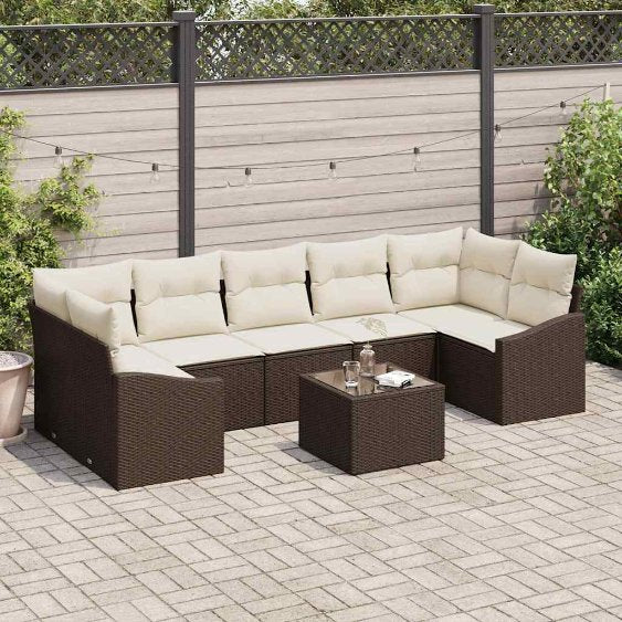 Sofa Set mit Kissen 8 pcs Schwarz und Creme Poly-Rattan