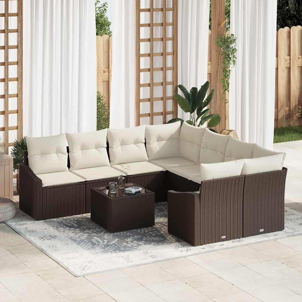 Sofa Set mit Kissen 9 pcs Schwarz und Creme Poly-Rattan
