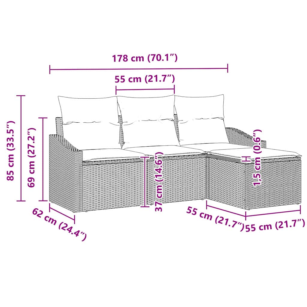 Sofa Set mit Kissen 4 pcs Schwarz und Creme Poly-Rattan