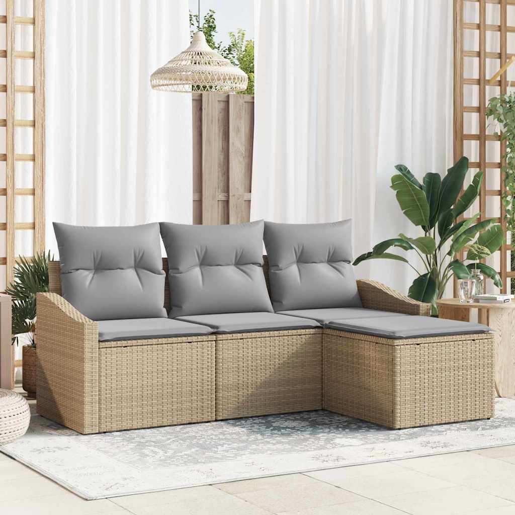 Sofa Set mit Kissen 4 pcs Schwarz und Creme Poly-Rattan