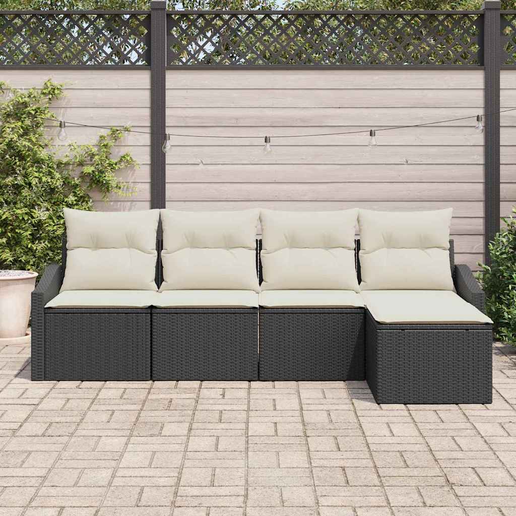 Sofa Set mit Kissen 5 pcs Schwarz und Creme Poly-Rattan