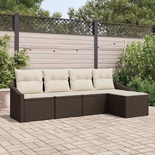 Sofa Set mit Kissen 5 pcs Schwarz und Creme Poly-Rattan