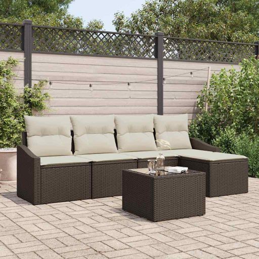 Sofa Set mit Kissen 5 pcs Schwarz und Creme Poly-Rattan
