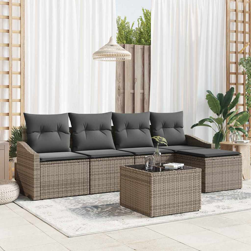 Sofa Set mit Kissen 5 pcs Schwarz und Creme Poly-Rattan
