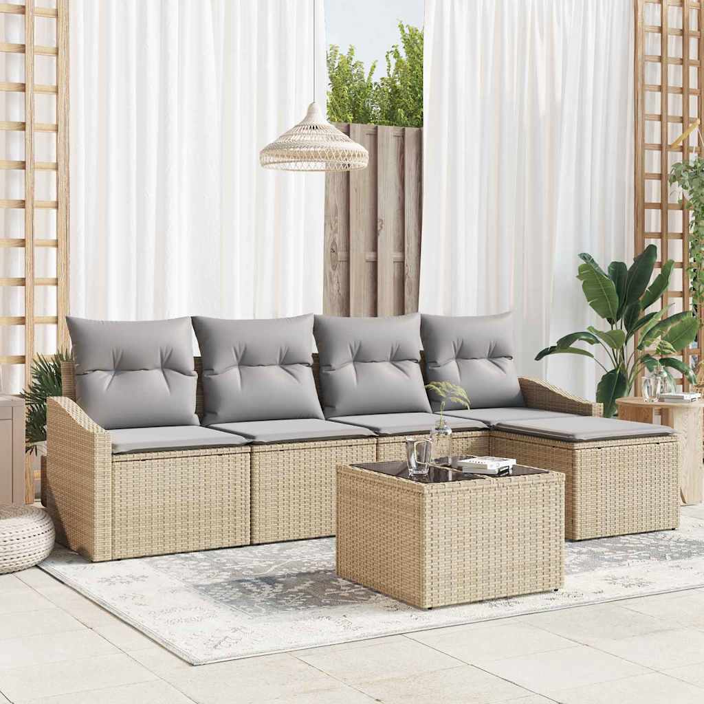 Sofa Set mit Kissen 5 pcs Schwarz und Creme Poly-Rattan
