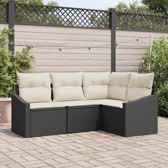 Gartensofa-set mit Kissen 4 pcs Schwarz und Weiß Poly-Rattan