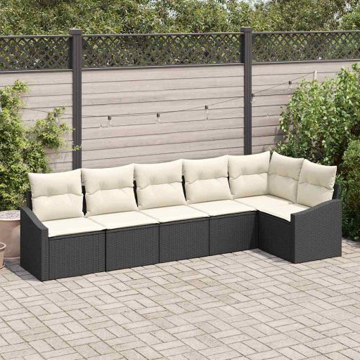 Sofa Set mit Kissen 6 pcs Schwarz und Creme Poly-Rattan