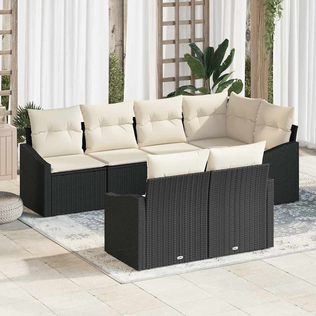 Gartensofa-set mit Kissen 7 pcs Schwarz und Weiß Poly-Rattan
