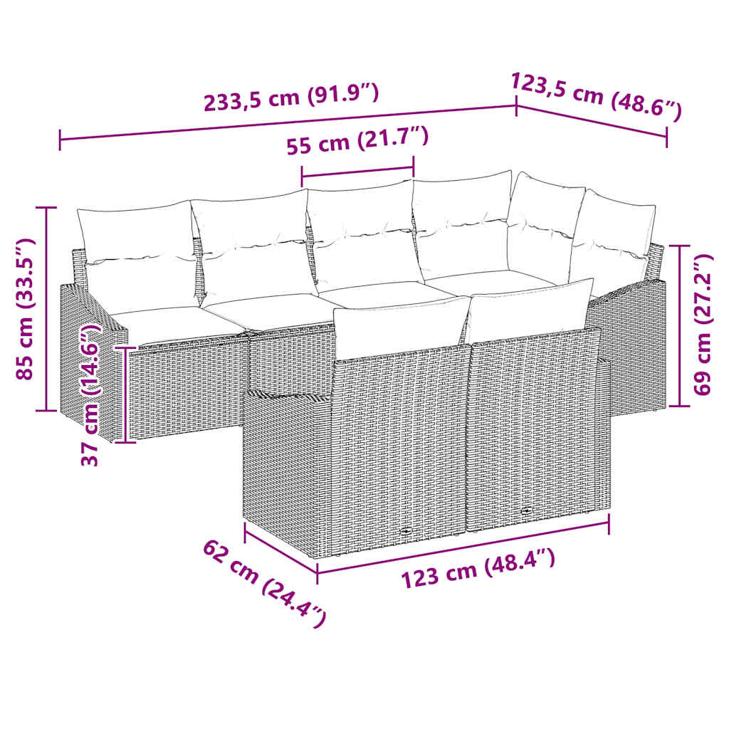 Gartensofa-set mit Kissen 7 pcs Schwarz und Weiß Poly-Rattan