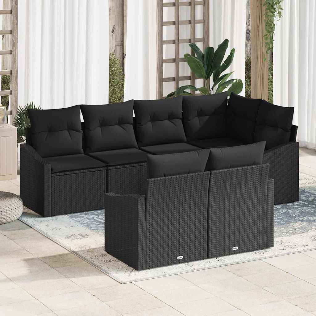 Gartensofa-set mit Kissen 7 pcs Schwarz und Weiß Poly-Rattan
