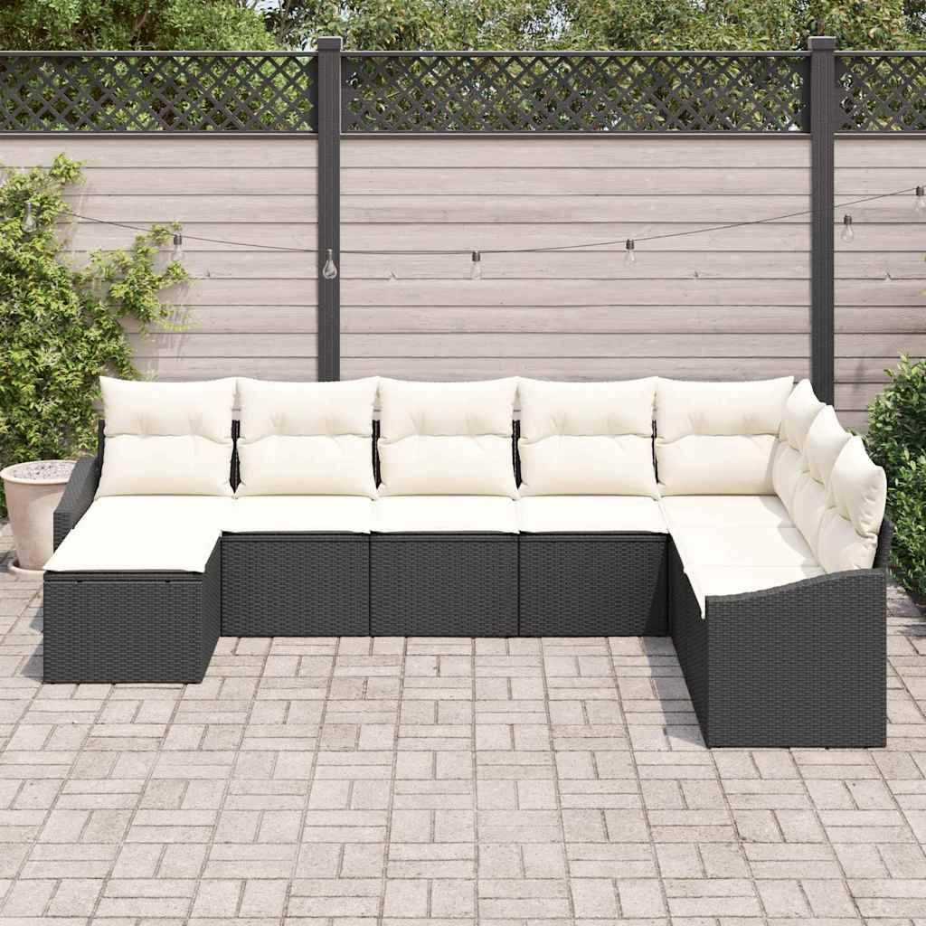 Gartensofa-set mit Kissen 8 pcs Schwarz und Creme Poly-Rattan