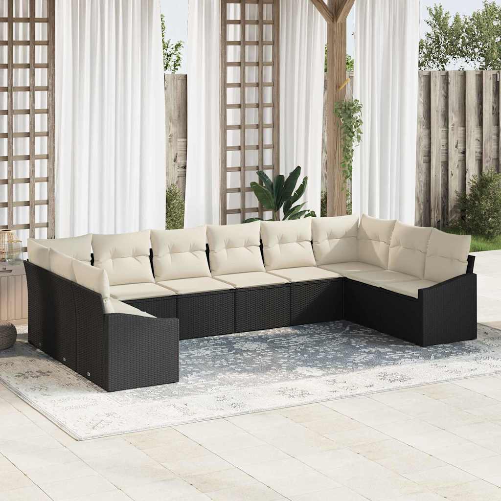 Garten-Sofa-Set mit Kissen 10 pcs Schwarz und Creme Poly-Rattan