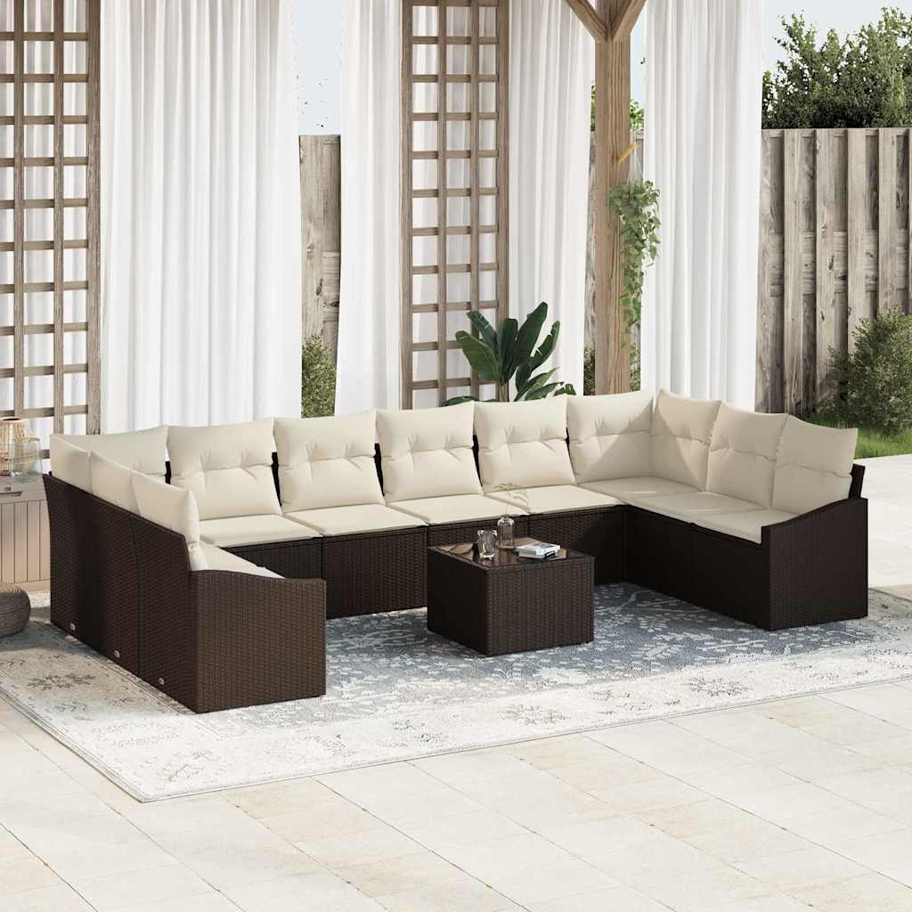 Garten-Sofa-Set mit Kissen 10 pcs Schwarz und Creme Poly-Rattan