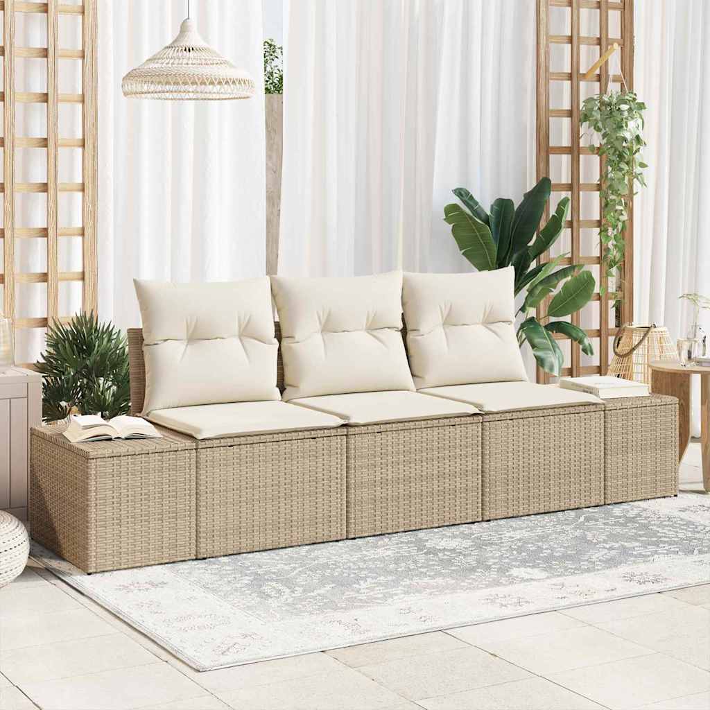 Gartensofa-set mit Speicher 3 pcs Schwarz und Creme Poly-Rattan