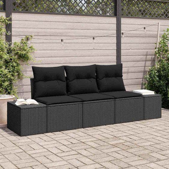 Gartensofa-set mit Speicher 3 pcs Schwarz und Creme Poly-Rattan