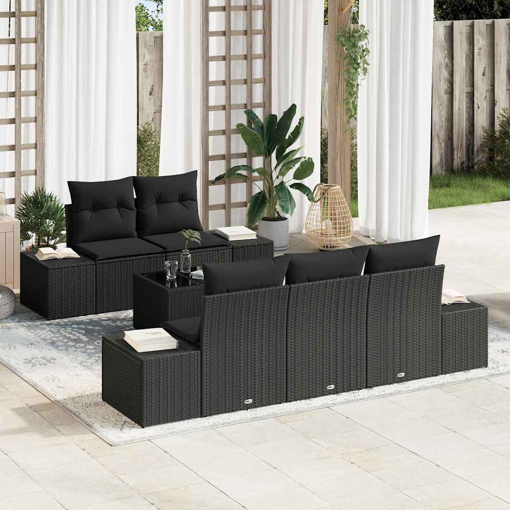 Gartensofa-set mit Kissen 6 pcs Schwarz und Creme Poly-Rattan
