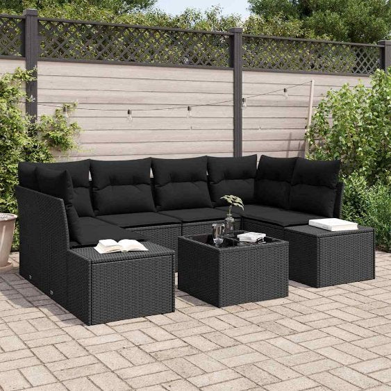 Gartensofa-set mit Kissen 8 pcs Schwarz und Creme Poly-Rattan