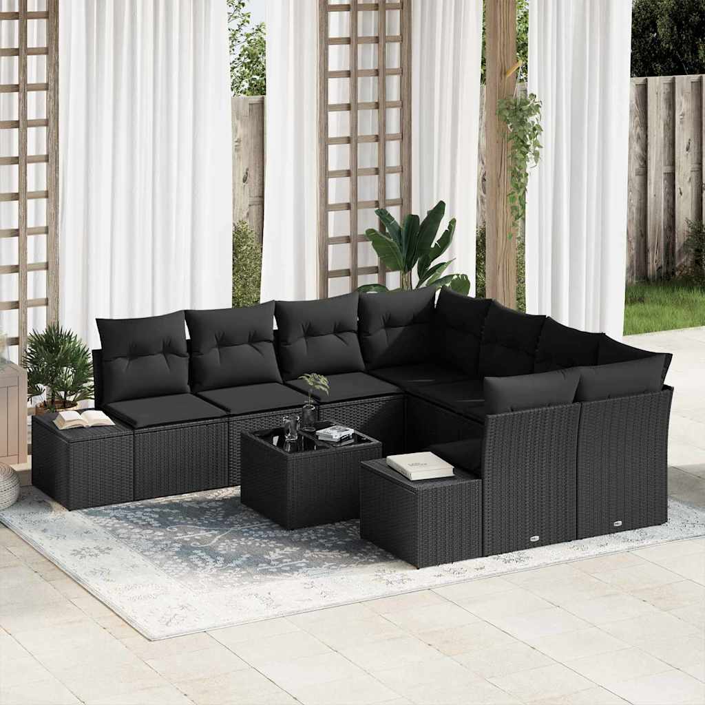 Garten-Sofa-Set mit Kissen 9 pcs Schwarz und Creme Poly-Rattan