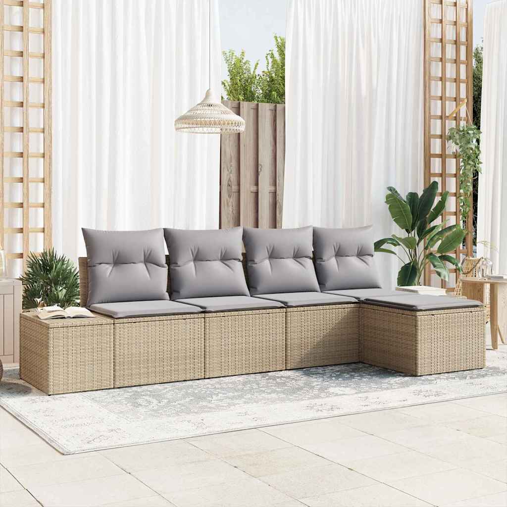Garten-Sofa-Set mit Kissen 5 pcs Schwarz und Creme Poly-Rattan
