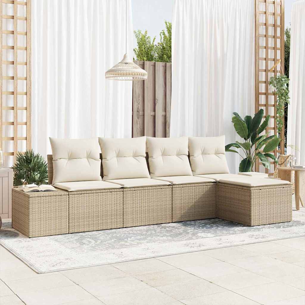 Garten-Sofa-Set mit Kissen 5 pcs Schwarz und Creme Poly-Rattan