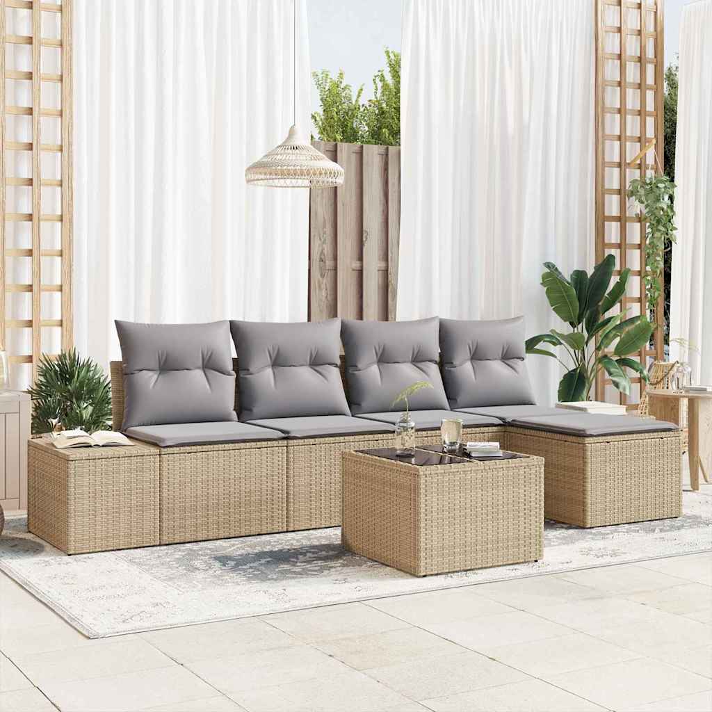 Garten-Sofa-Set mit Kissen 5 pcs Schwarz und Creme Poly-Rattan