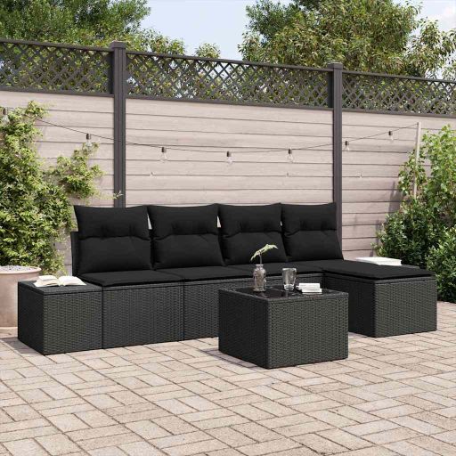 Garten-Sofa-Set mit Kissen 5 pcs Schwarz und Creme Poly-Rattan
