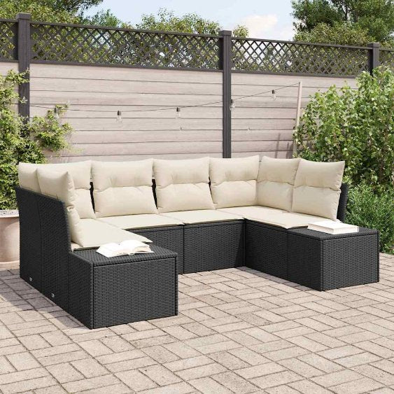 Gartensofa-set mit Speicher 6 pcs Schwarz und Creme Poly Rattan